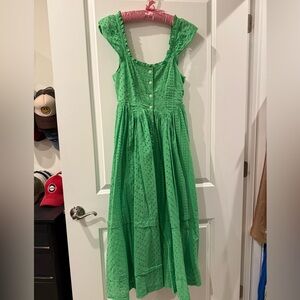 Green midi dress with button up front and ruffle sleeves maxi dress